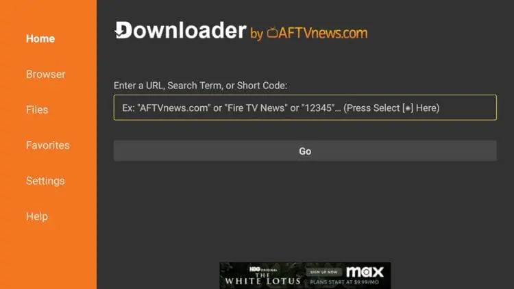 Downloader-appens grænseflade på Firestick med URL-indtastningsfelt og Gå-knap, hvor brugere indtaster installationskoder.