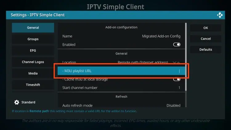 IPTV Simple Client konfigurationsskærm med "M3U-afspilningsliste URL" feltet fremhævet. Viser hvor IPTV-playlistlink indtastes.