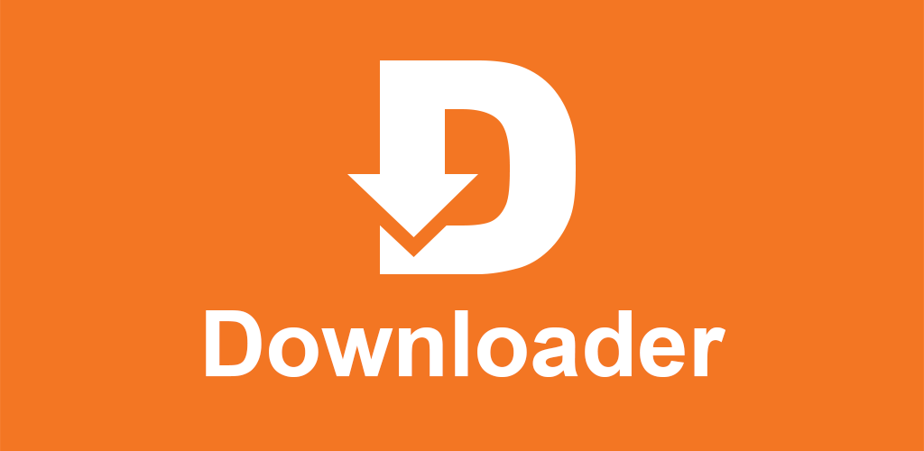 Downloader app-logo med orange baggrund, hvidt "D"-ikon med download-pil og "Downloader" tekst underneden.