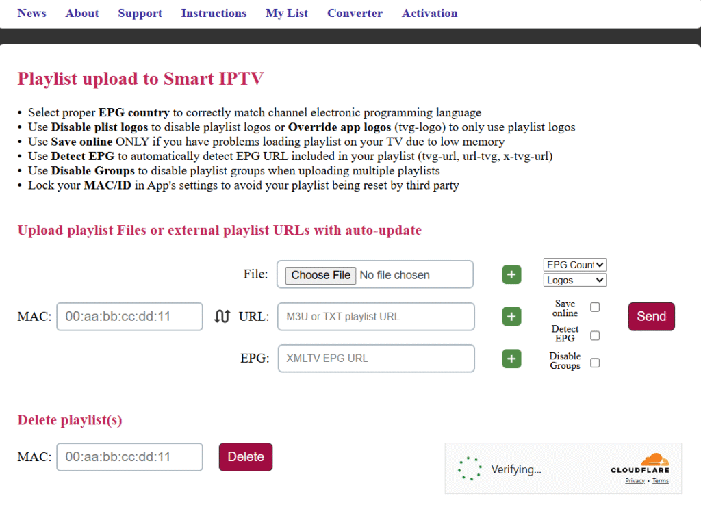 Smart IPTV playliste-konfigurationsside med felter til MAC-adresse, M3U-playliste URL og EPG-URL til kanalkonfiguration.