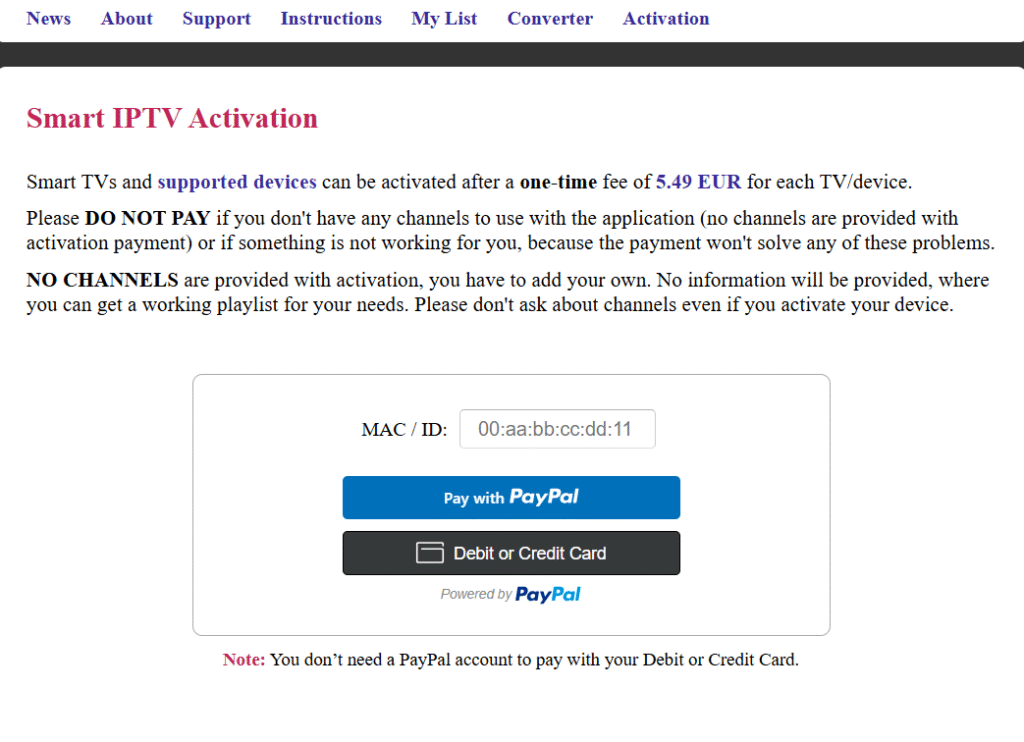 Smart IPTV aktiveringside der viser betalingsmuligheder (PayPal, kreditkort) og MAC-adresse indtastningsfelt for engangsbetaling på 5,49 EUR.