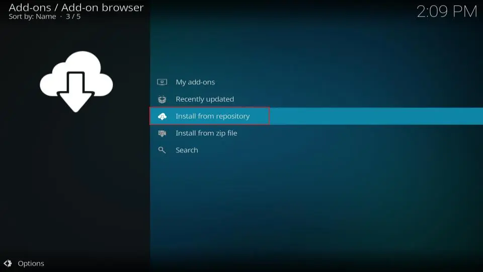 Kodi Add-ons browser menu med "Installer fra repository" muligheden markeret med blå. Viser forskellige installationsmetoder.