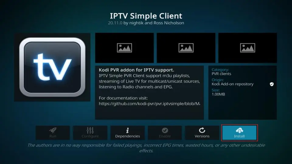 IPTV Simple Client skærm efter installation med "Konfigurer" knappen fremhævet. Viser aktiveret tilføjelse klar til opsætning.