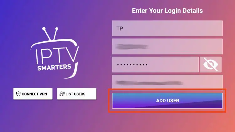 Xtream Codes login-formular med felter til navn, brugernavn, adgangskode og URL med "TILFØJ BRUGER"-knappen fremhævet i blå.