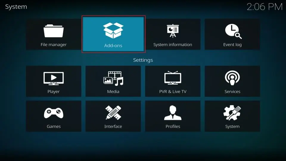 Kodi Systemindstillinger med Add-ons feltet fremhævet med rød firkant. Viser forskellige systemkonfigurationsmuligheder.