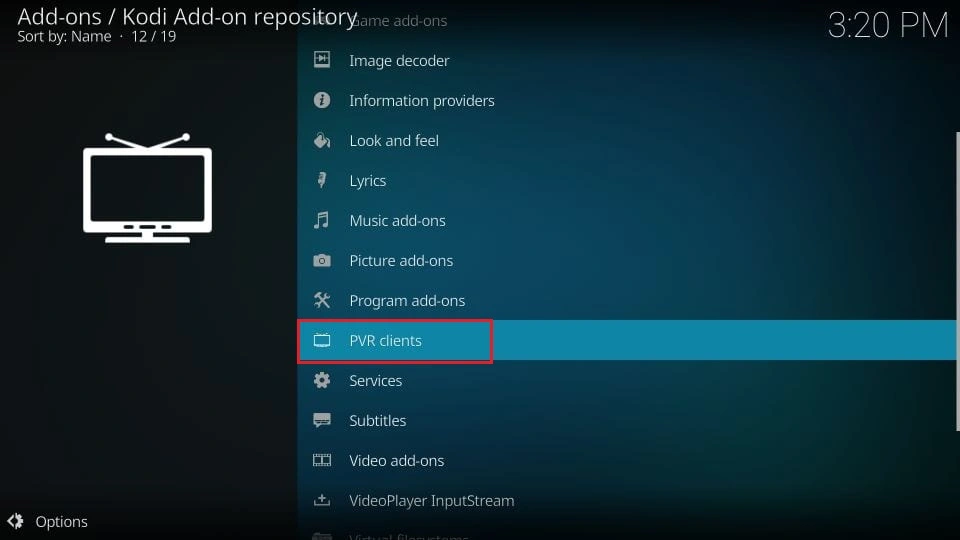 PVR-klientliste med "IPTV Simple Client" markeret med blå. Viser forskellige PVR-klientmuligheder til Kodi.