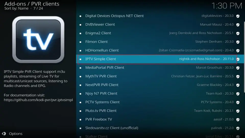 IPTV Simple Client informationsskærm med "Installer" knappen fremhævet med rød firkant. Viser tilføjelsesdetaljer og muligheder.