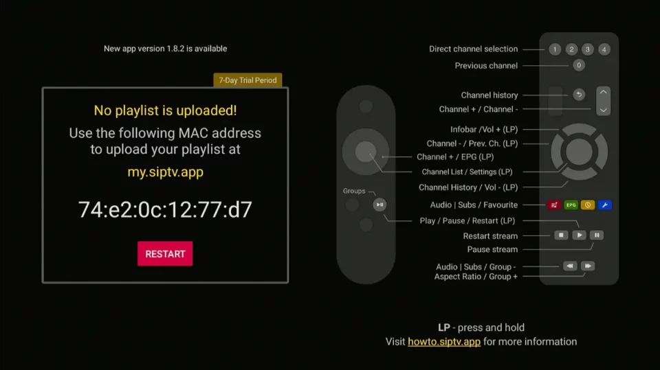 Smart IPTV startskærm der viser MAC-adresse nødvendig for aktivering og "Ingen playliste er uploadet!" med fjernbetjeningsoversigt.