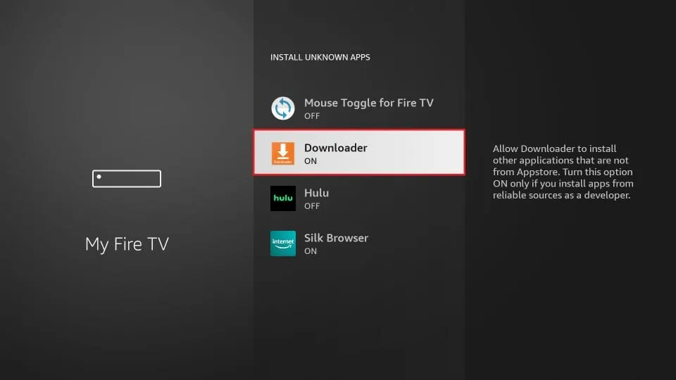 Firestick indstillingsskærm der viser "Installer ukendte apps" menu med Downloader-appen fremhævet og slået TIL for sideloading.