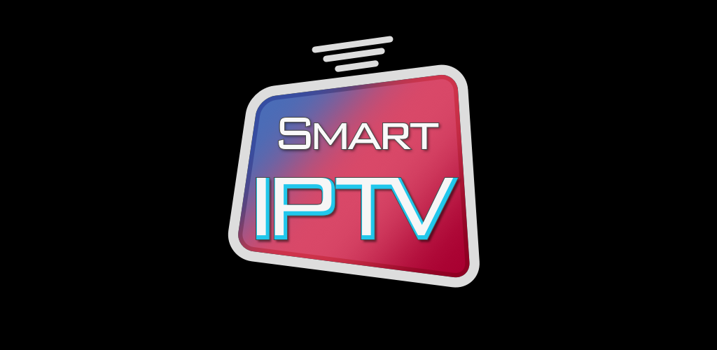 Smart IPTV-logo med stiliseret TV-form på blå-til-rød gradient baggrund og "SMART IPTV" tekst i hvide bogstaver.